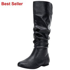 Knee High Slouch Boots with Inside Zipper, Heel 0.4", Shaft 15.4", Office Wear
